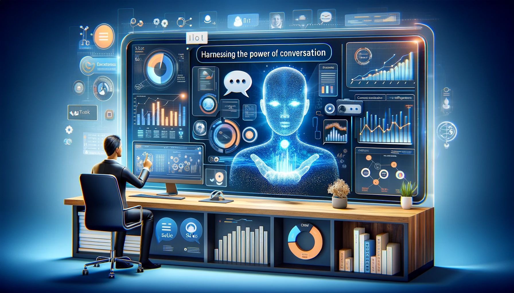 A blog cover image for an article titled 'Harnessing the Power of Conversation_ Talk to Data with AI for Enhanced Sales Analysis'. The image should de.png