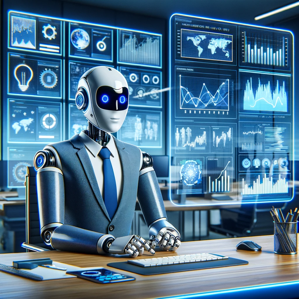 An AI Data Analyst in a modern office setting. The image should depict an anthropomorphic robot with a screen displaying graphs and data an